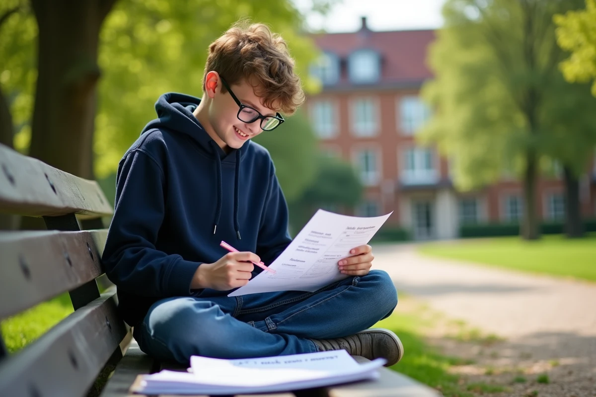 Adolescent en hoodie lit une fiche de revision dans un parc