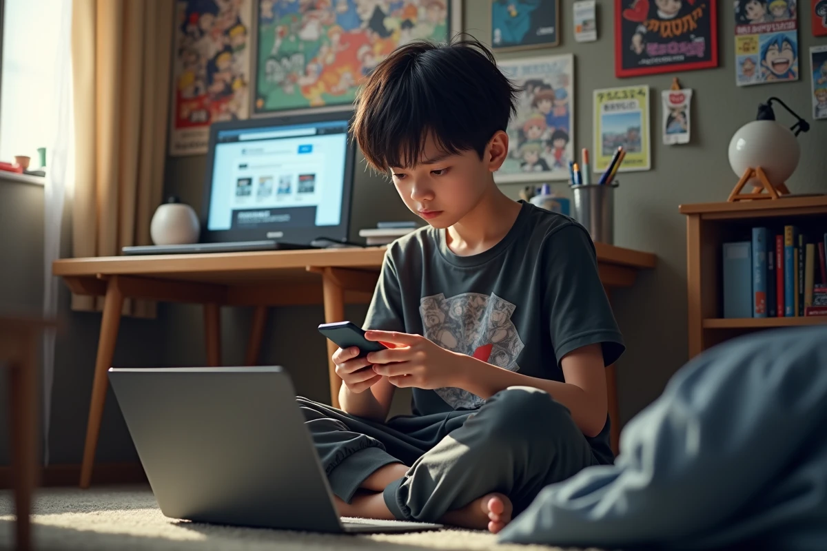 Adolescent cherchant des alternatives à Toonily sur smartphone entouré de mangas dans sa chambre