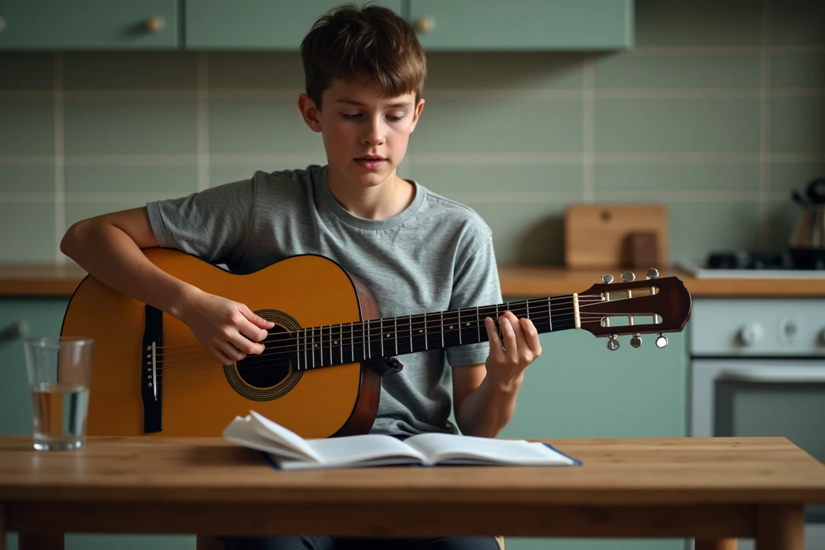 Adolescent débutant apprenant un accord de guitare sans barré dans une cuisine, livre de tablature ouvert sur la table