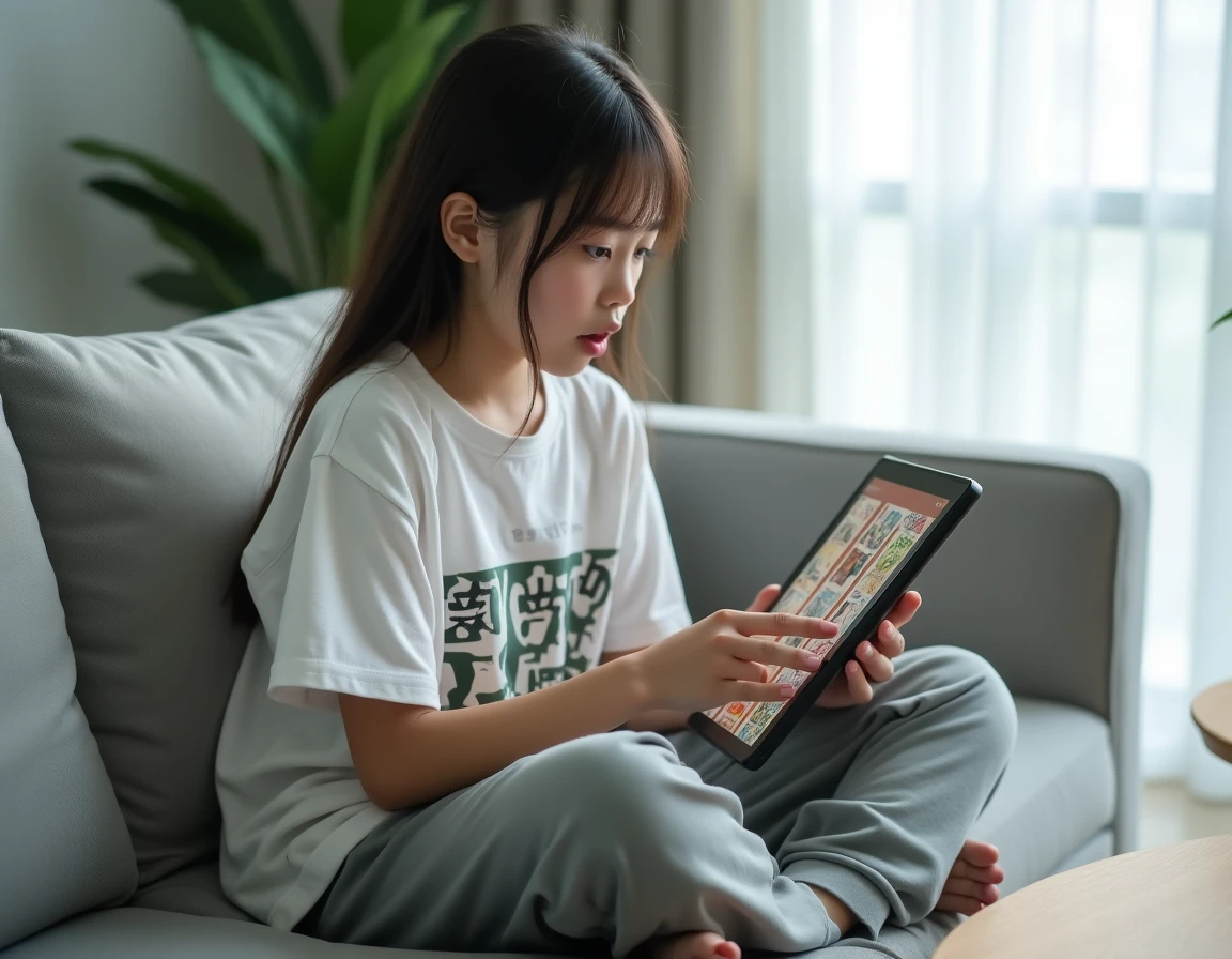 Adolescente lisant un chapitre de manga One Piece sur tablette dans un salon moderne