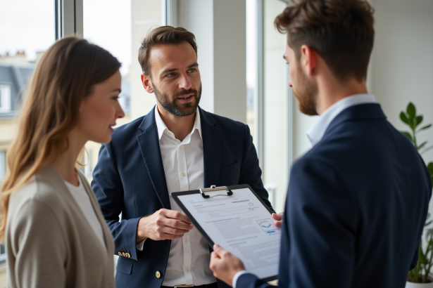 Agent immobilier montrant un rapport DPE à un couple dans un appartement parisien