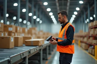 Agent logistique scannant un colis sur un tapis roulant dans un entrepôt de tri de colis en transit