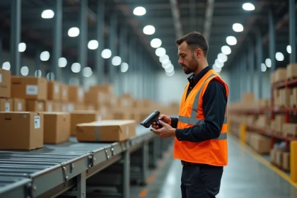 Agent logistique scannant un colis sur un tapis roulant dans un entrepôt de tri de colis en transit