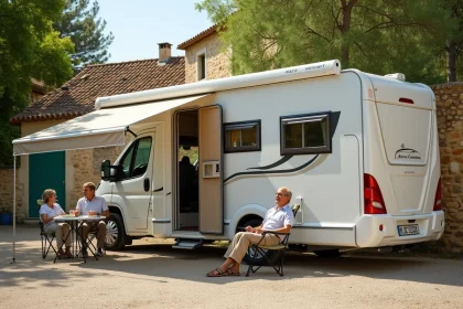 Camping-car moderne garé sur une aire dédiée à Eauze dans le Gers, avec un couple de voyageurs installés sous l'auvent