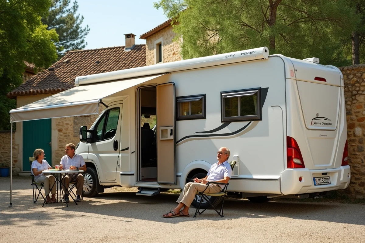 Camping-car moderne garé sur une aire dédiée à Eauze dans le Gers, avec un couple de voyageurs installés sous l'auvent