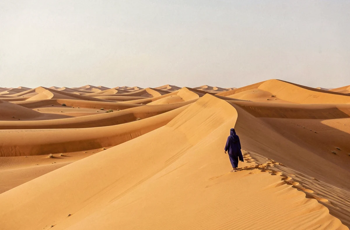 Homme touareg enveloppé d'un tagelmust indigo au sommet d'une dune du Sahara algérien