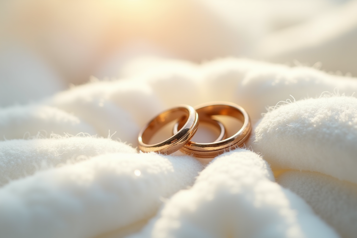 Alliances de mariage sur tissu coton en gros plan