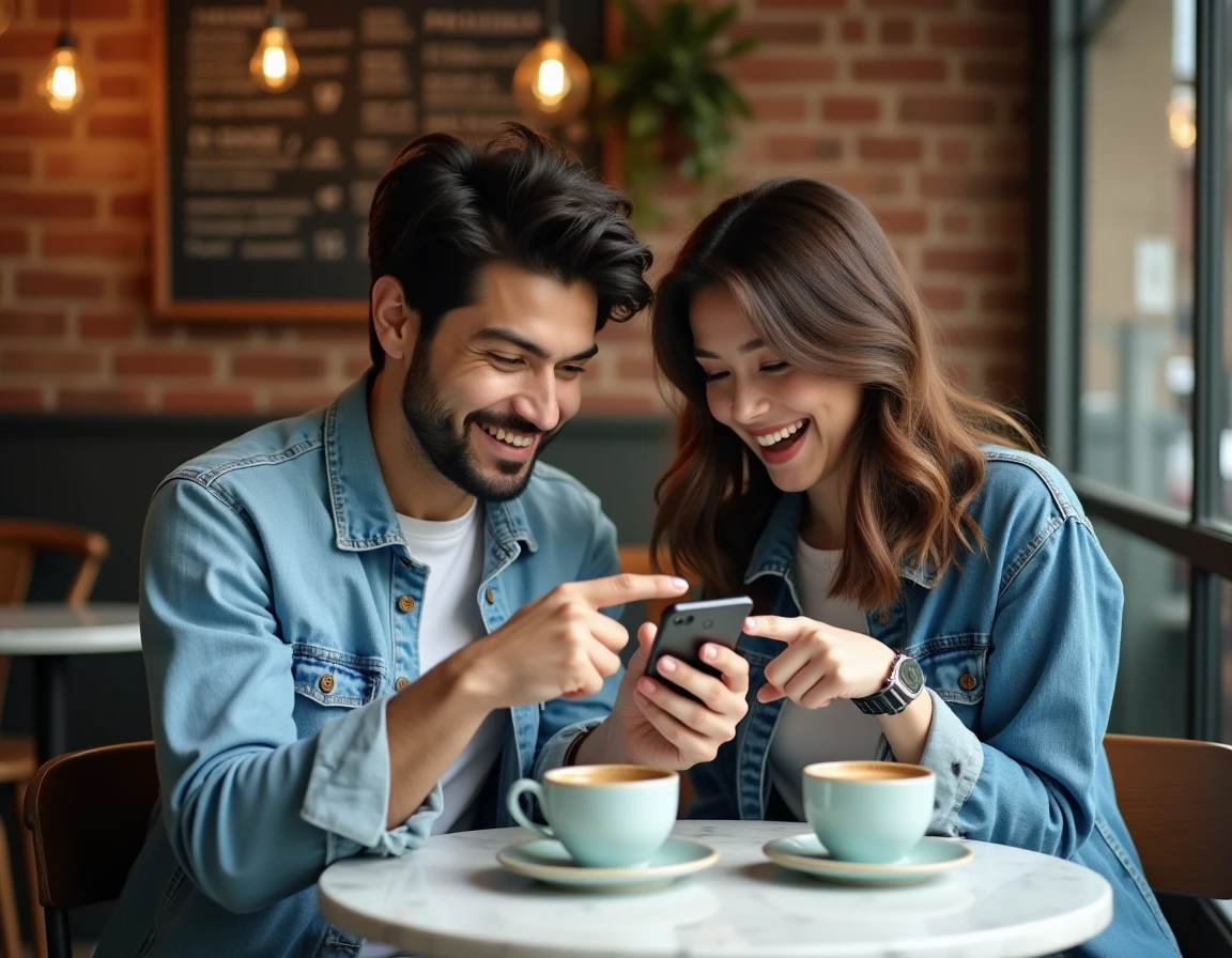 Deux amis lisant ensemble un scan One Piece sur smartphone dans un café