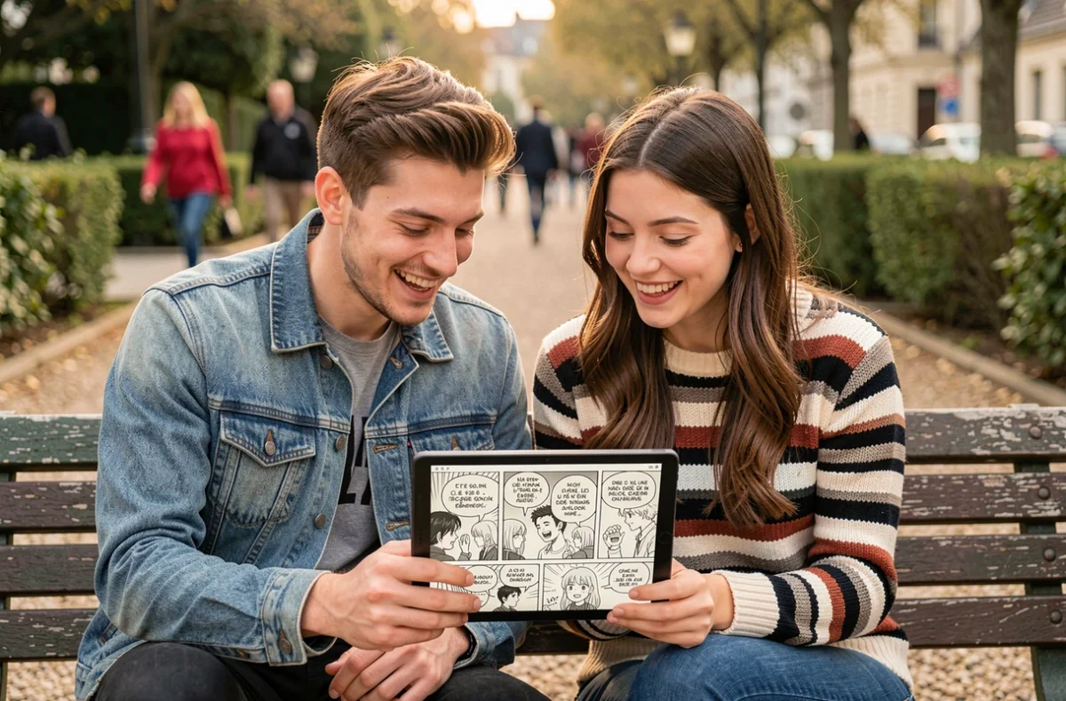 Deux amis lisant One Piece en français sur une tablette dans un parc en plein air