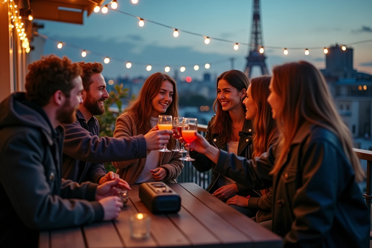Amis français trinquant sur un balcon au crépuscule