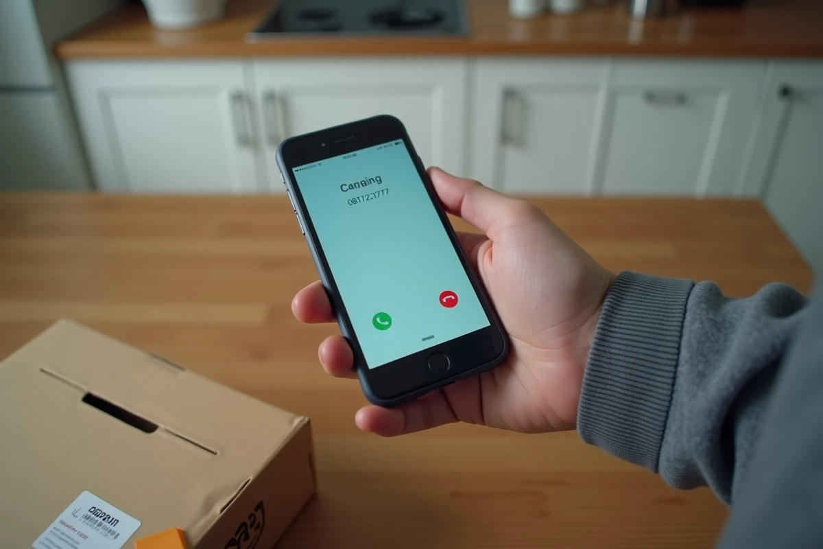 Appel entrant du numéro 0187217777 sur un smartphone posé à côté d'un colis Amazon sur une table de cuisine