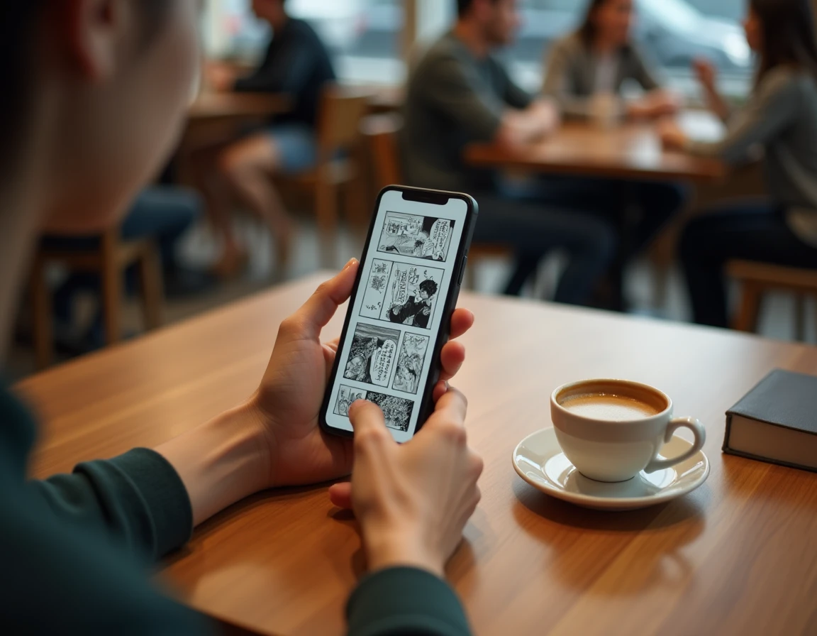 Mains tenant un smartphone avec une application de lecture de manga One Piece dans un café urbain