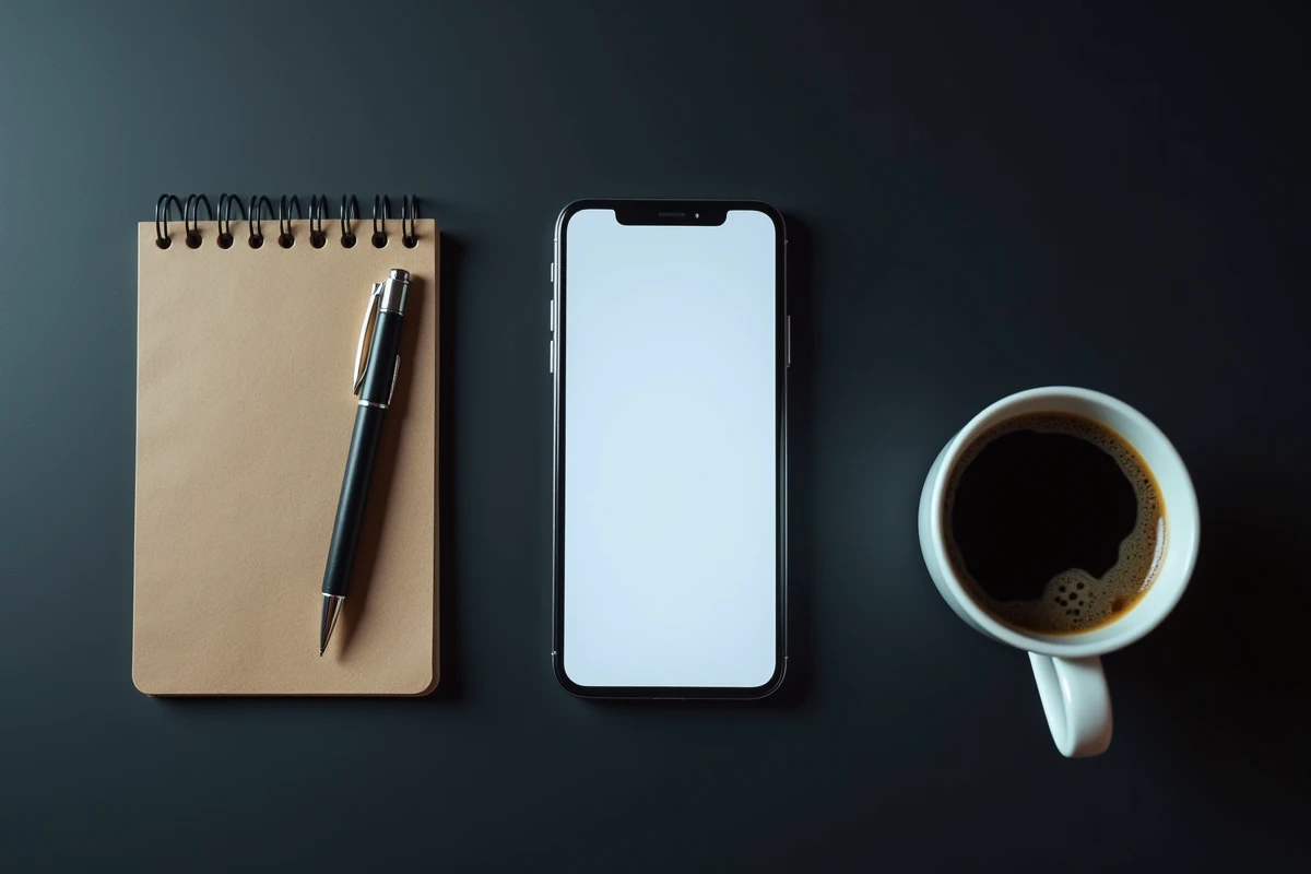 Vue de dessus d'un smartphone affichant une application de messagerie anonyme sur un bureau avec carnet et café