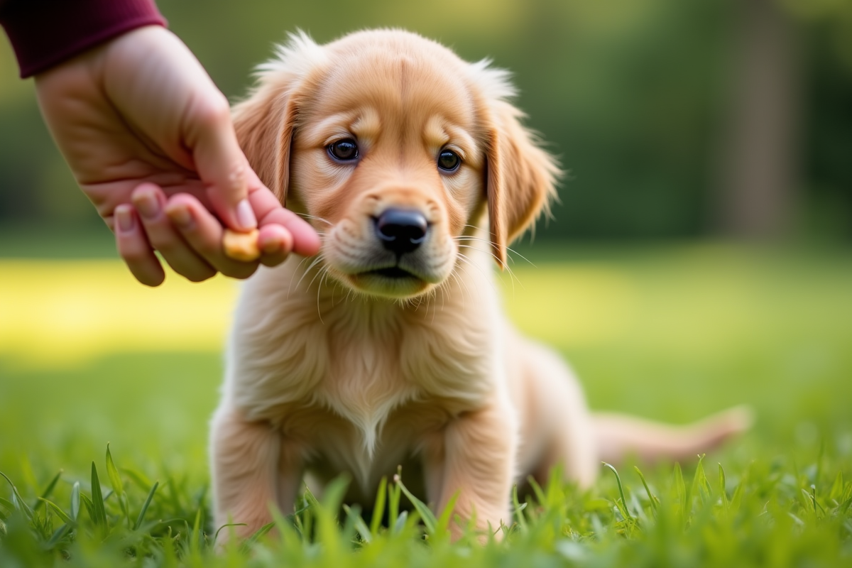 Jeune chiot golden retriever recevant une friandise dehors