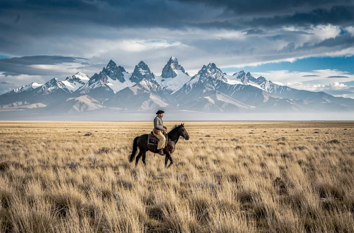 Gaucho à cheval traversant la steppe patagonienne argentine avec les Andes enneigées à l'horizon