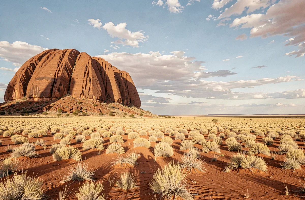 Le monolithe d'Uluru se dressant dans l'outback australien entouré de terres arides rouges et d'herbes dorées