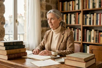 Auteure française en train d'écrire entourée de livres d'histoire dans un appartement parisien aux murs en pierre