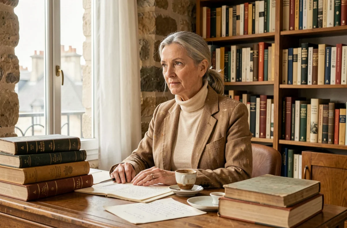 Auteure française en train d'écrire entourée de livres d'histoire dans un appartement parisien aux murs en pierre