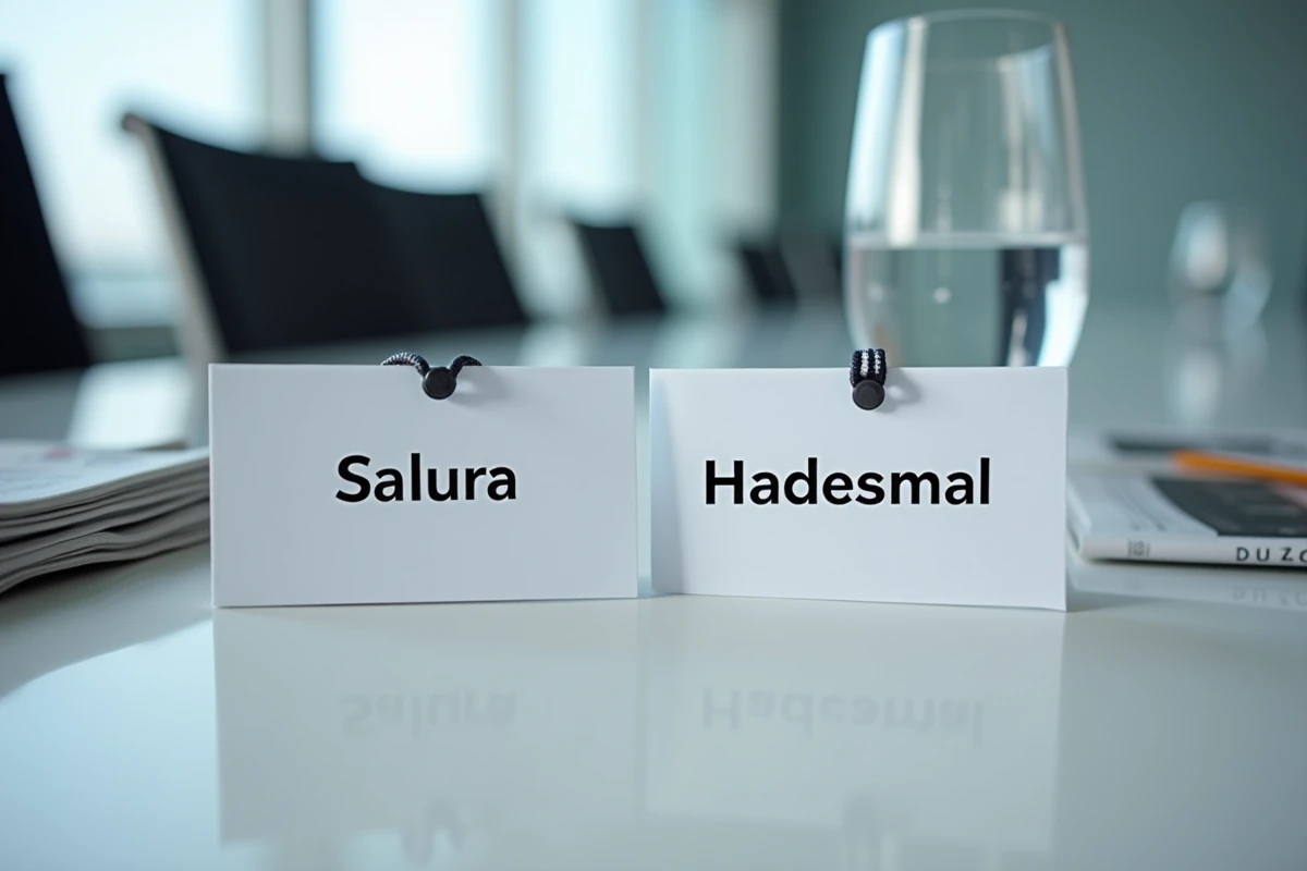 Deux badges nominatifs de journalistes côte à côte sur une table de conférence, symbolisant la distinction nécessaire entre Philippe Mabille et Bernard Mabille