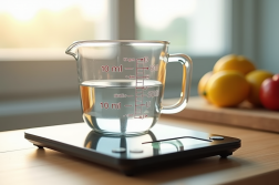 Balance de cuisine numérique avec verre d'eau sur planche en bois