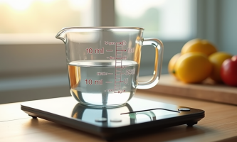 Balance de cuisine numérique avec verre d'eau sur planche en bois