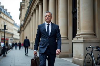 Homme d'affaires inquiet devant une grande banque