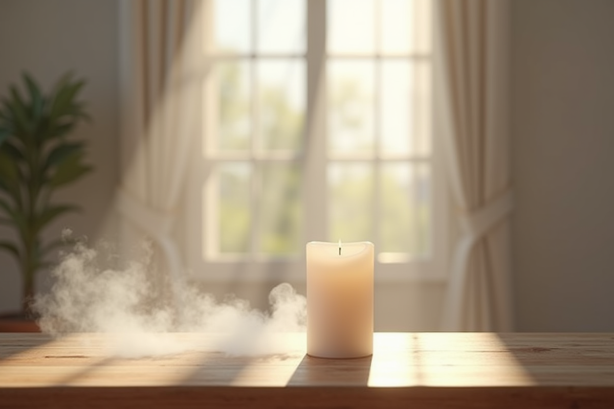 Bougie blanche allumee sur une table en bois dans un espace minimaliste