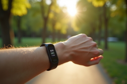 Montre connectée affichant 8000 pas lors d'une marche en parc