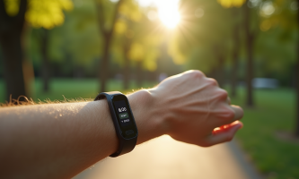 Montre connectée affichant 8000 pas lors d'une marche en parc