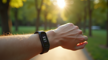 Montre connectée affichant 8000 pas lors d'une marche en parc