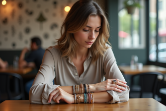 Femme portant bracelets colorés dans un café urbain