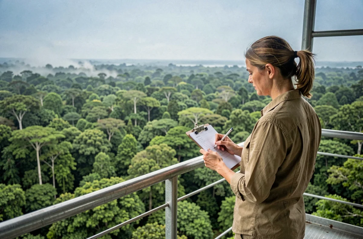 Botaniste prenant des notes depuis une tour d'observation face à l'immense canopée amazonienne au Brésil