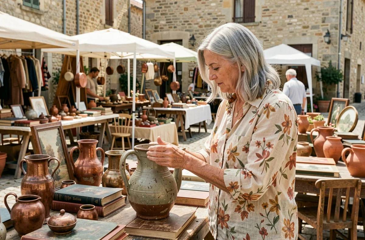 Femme examinant une cruche en céramique vintage sur une brocante en plein air dans un village du Lot-et-Garonne