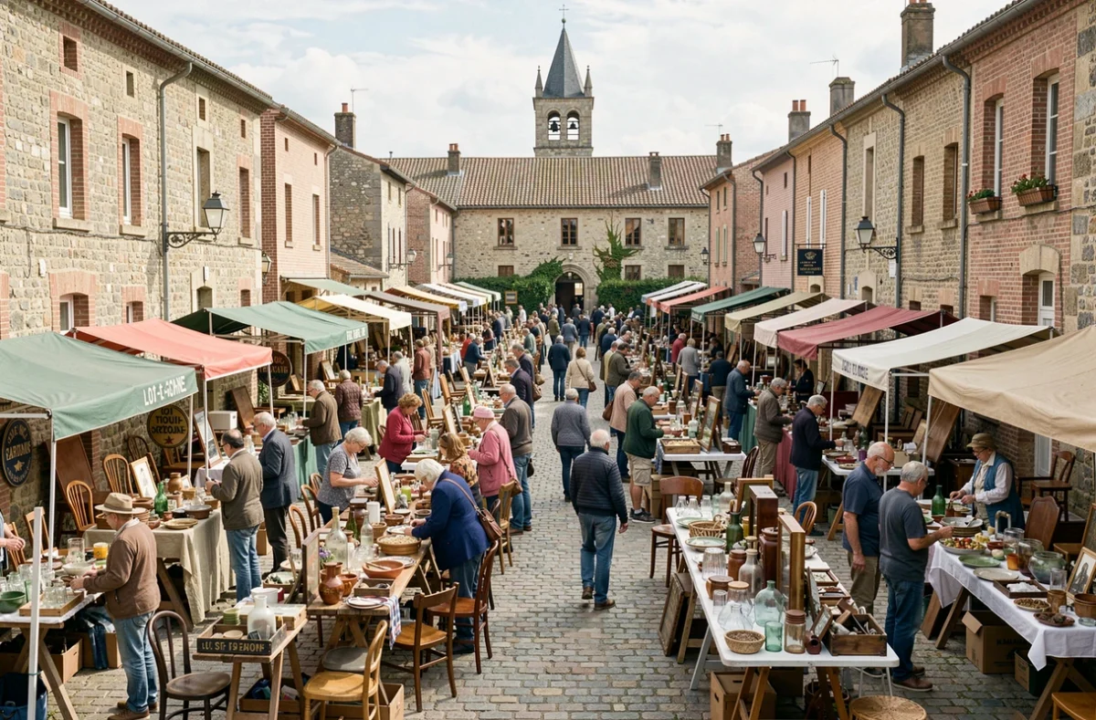 Vue panoramique d'une brocante animée sur une place de village en Lot-et-Garonne avec architecture gasconne typique