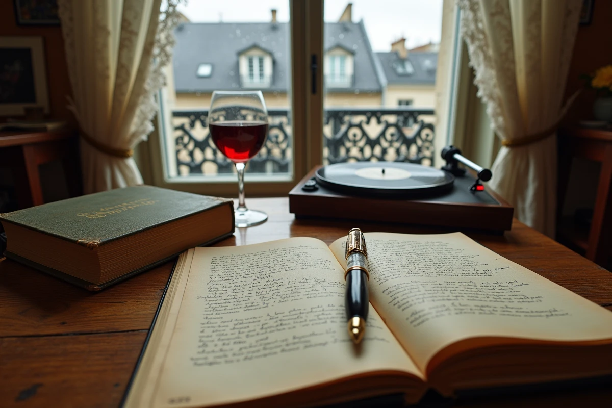 Bureau vintage avec paroles de chanson manuscrites, carnet ouvert et verre de vin rouge dans un appartement parisien sous la pluie