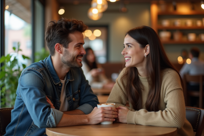 Homme et femme discutent dans un café chaleureux