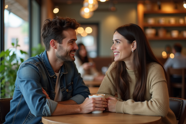 Homme et femme discutent dans un café chaleureux