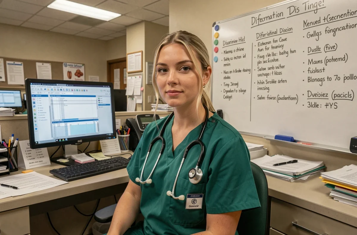 Femme médecin en blouse chirurgicale assise à un bureau hospitalier avec des fiches médicales, référence à Cameron dans l'équipe de diagnostic de Dr House