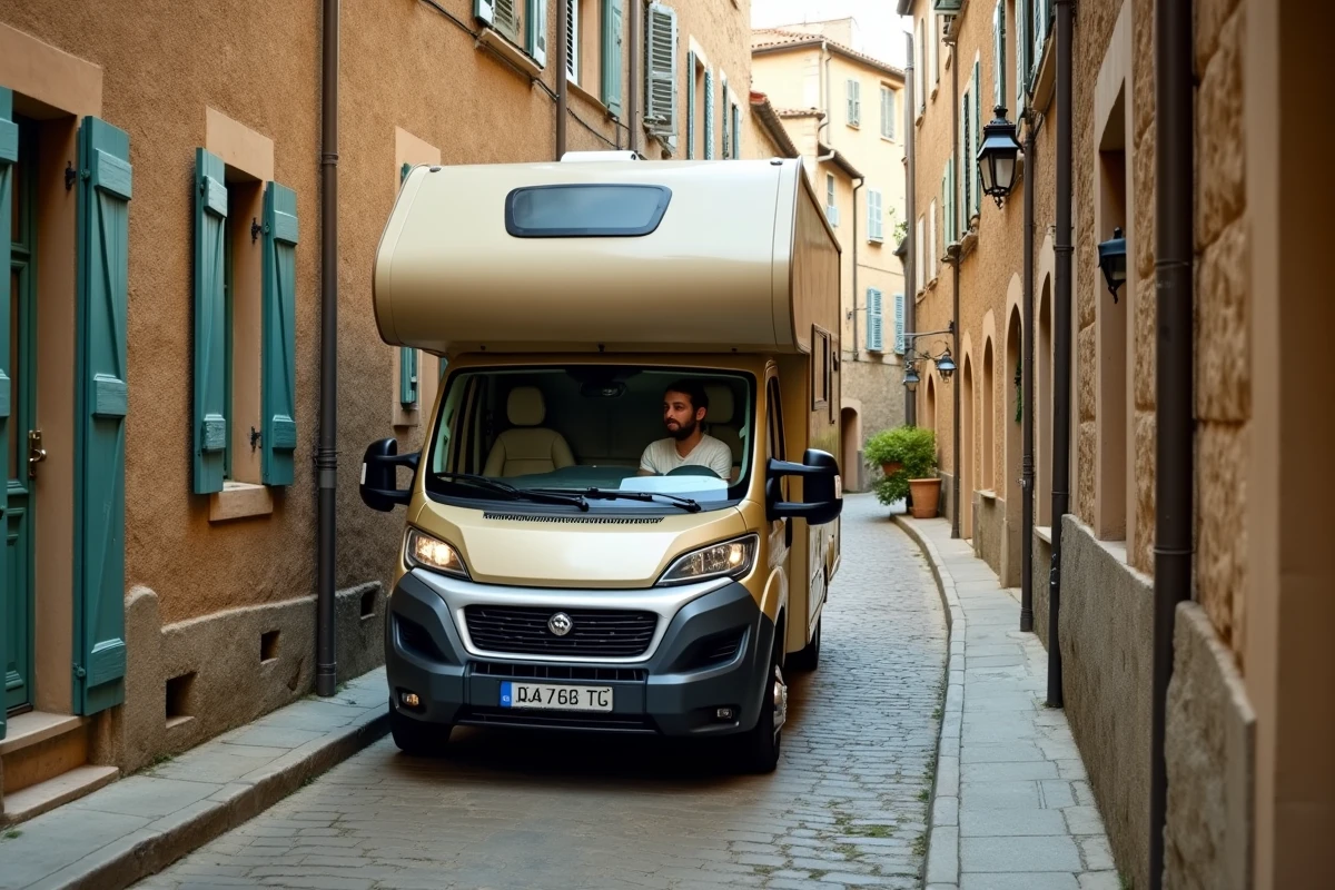 Camping-car traversant les ruelles pavées du centre historique d'Eauze dans le Gers en été