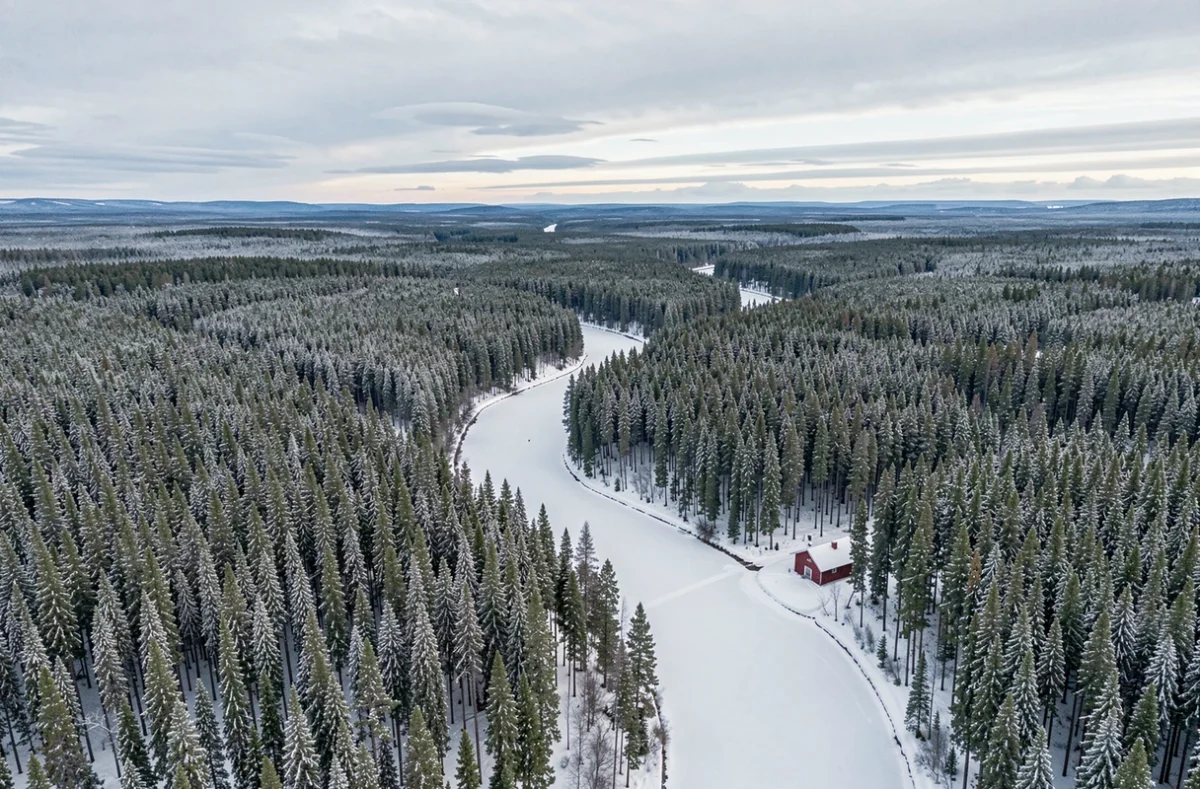 Forêt boréale canadienne enneigée s'étendant à l'infini avec une rivière gelée et un chalet en bois rouge