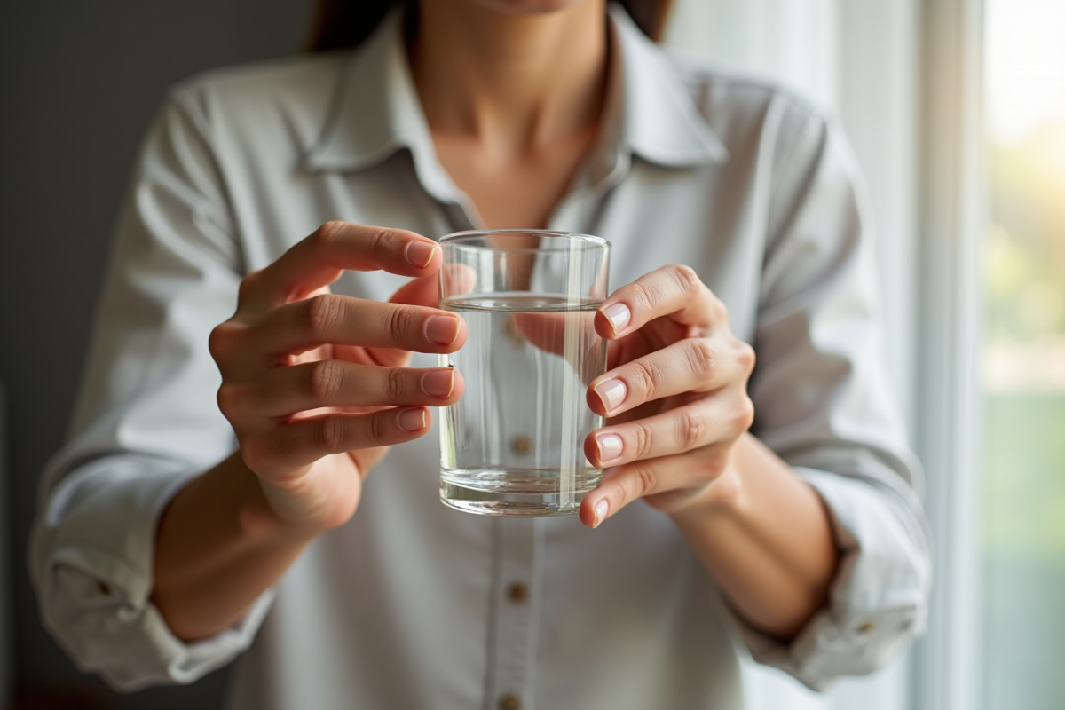 Mains tenant une capsule de vitamine B3 près d une bouteille d eau