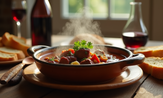 Ragoût de bœuf flamand servi dans un bol en céramique rustique