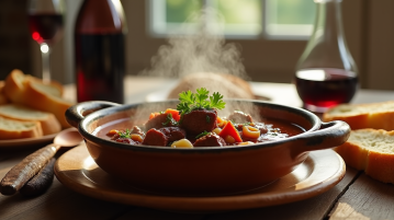Ragoût de bœuf flamand servi dans un bol en céramique rustique