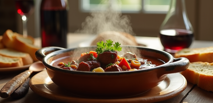 Ragoût de bœuf flamand servi dans un bol en céramique rustique