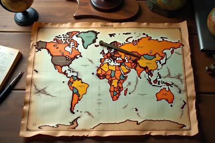 Carte du monde vintage annotée avec des épingles colorées représentant la puissance des pays selon leur superficie