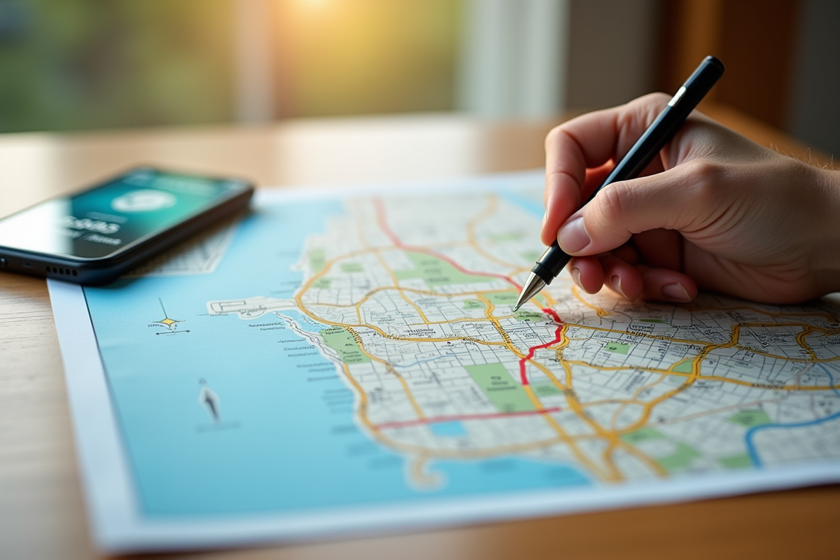 Carte urbaine avec itinéraire tracé et smartphone affichant 8000 pas