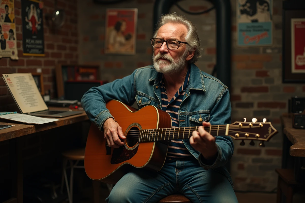 Chanteur compositeur tenant une guitare acoustique avec des paroles manuscrites dans une salle de répétition bohème aux murs en brique