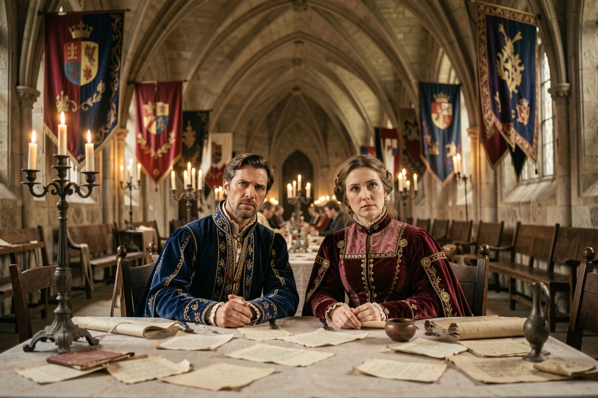 Reconstitution historique du couple royal Charles VI et Isabeau de Bavière attablés dans une grande salle gothique, costumes médiévaux en tissus précieux, atmosphère de tension politique et émotionnelle