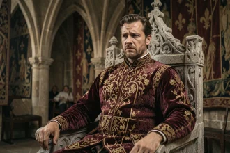 Reconstitution historique du roi Charles VI de France sur son trône gothique, vêtu d'un costume royal médiéval en brocart bordeaux et or, regard absent évoquant sa folie