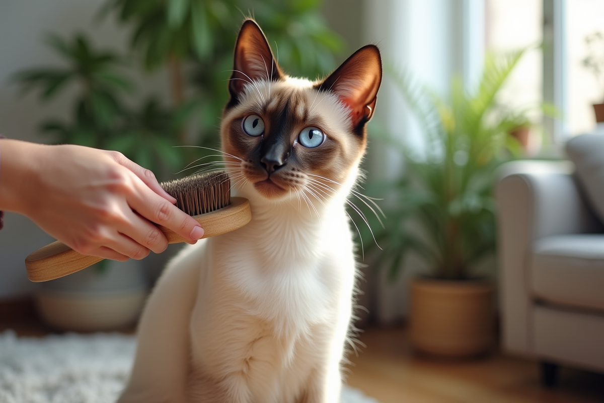 Chat siamois aux yeux bleus brossé dans un salon lumineux